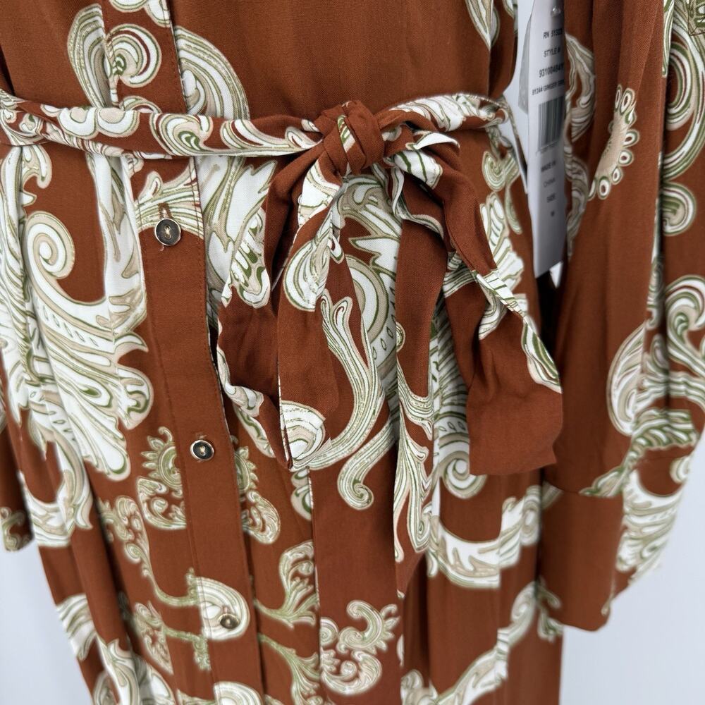 MSK Midi Belted Shirt Dress M Paisley Button Front Long Sleeve Collared Eclectic - Picture 2 of 10